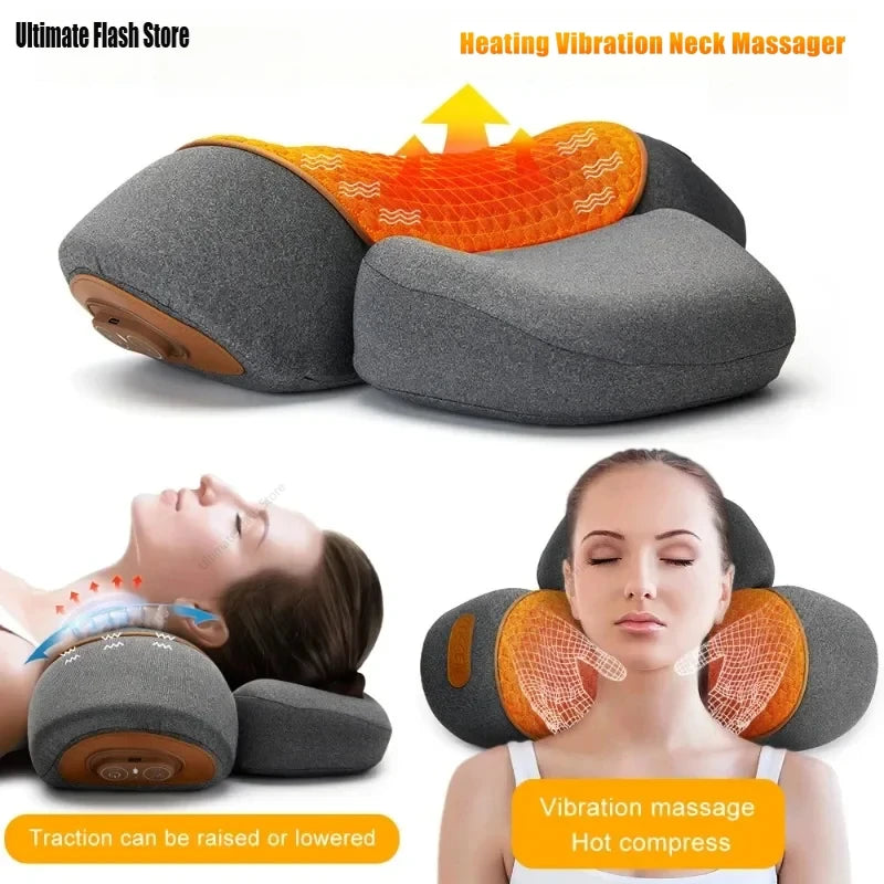 Electric Neck Massager Cervical Pillow Hot Compress Neck Stretch Heating Vibration Neck Shoulder Massage Pillow Back Traction