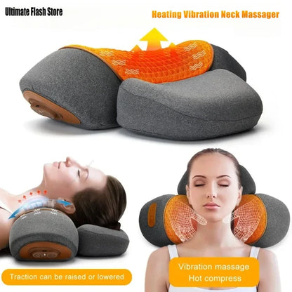 Electric Neck Massager Cervical Pillow Hot Compress Neck Stretch Heating Vibration Neck Shoulder Massage Pillow Back Traction